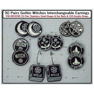 6/$20 Gothic Black&White Dark Moon Interchangeable Charm Earrings-6 Pairs in Set